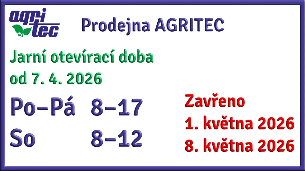 Jarní otvírací doba prodejny Agritec, květen 2026
