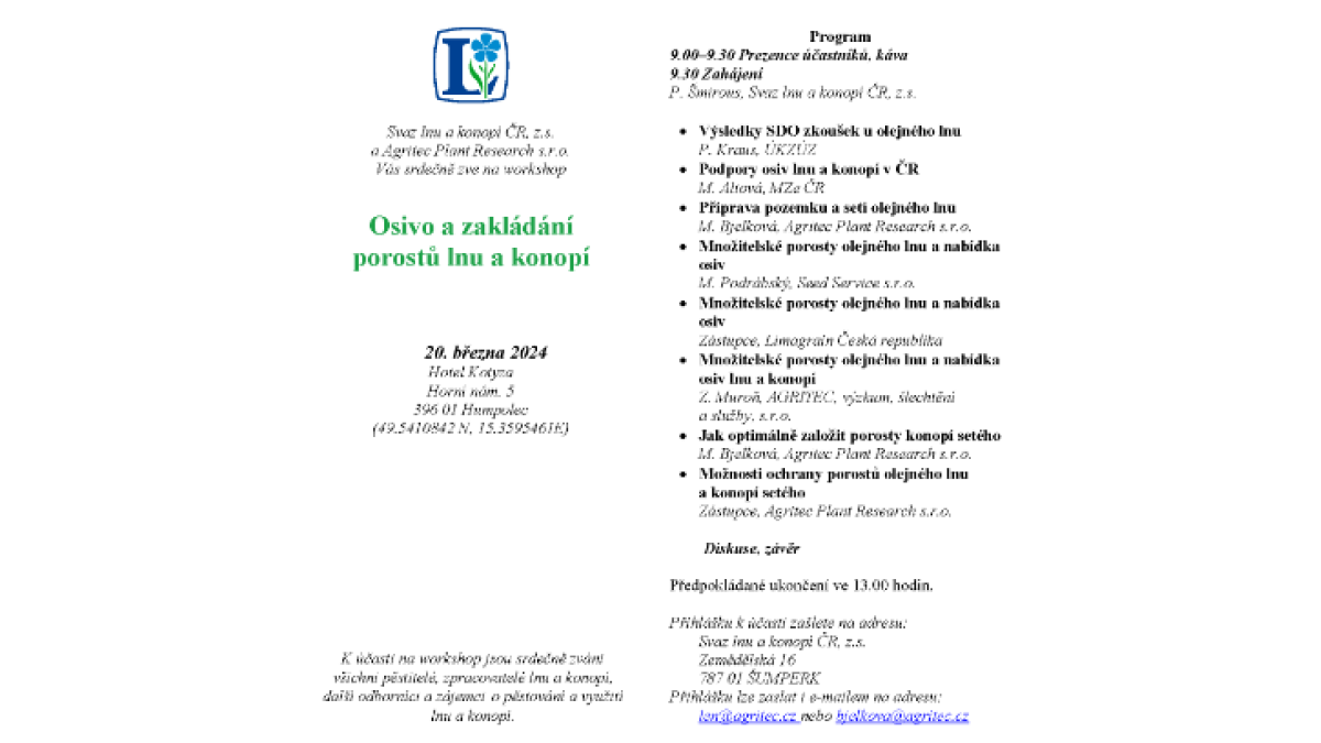 Osivo a zakládání porostů lnu a konopí (20. 3. 2024, Humpolec)