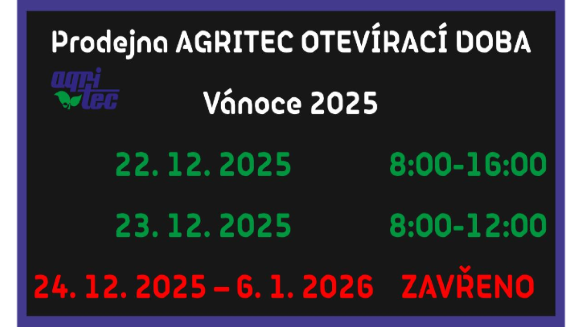 Prodejní doba Agritec, Vánoce 2025
