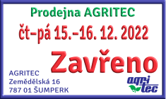 Prodejna Agritec zavřena ve dnech 15.–16. prosince 2022